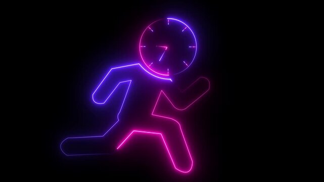 glowing neon running person with a clock icon, Representing urgency, time management, deadlines, productivity, or rushing to meet a target. 4k video animation.