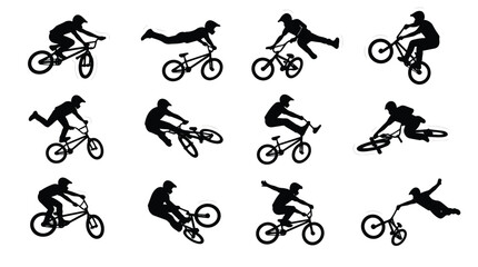 Naklejka premium BMX bike riders performing extreme freestyle tricks silhouettes collection