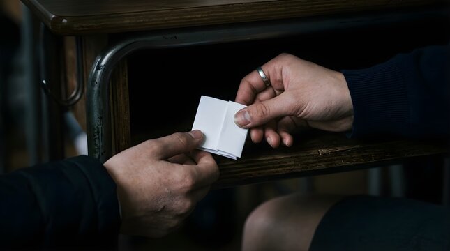 Two students exchanging a folded paper note secretly under a wooden desk