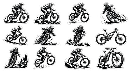Naklejka premium Dynamic Mountain Bike Riders, Downhill Cycling Vector Sticker Illustrations Collection