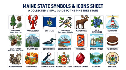 Fototapeta premium A comprehensive icon sheet showcasing various state symbols, natural landmarks, and cultural elements on a clean white background, perfect for educational materials and travel guides
