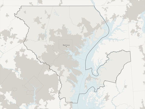 Baltimore-Columbia-Towson metropolitan area vector map with county boundaries, urban footprint and hydrography, Maryland, USA