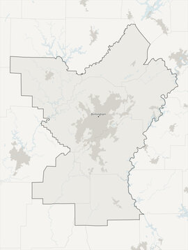 Birmingham metropolitan area vector map with county boundaries, urban footprint and hydrography, Alabama, USA