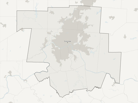 Cincinnati metropolitan area vector map with county boundaries, urban footprint and hydrography, Ohio, Kentucky and Indiana, USA