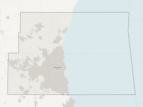 Milwaukee-Waukesha metropolitan area vector map with county boundaries, urban footprint and hydrography, Wisconsin, USA