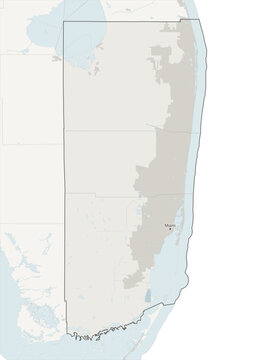 Miami-Fort Lauderdale-West Palm Beach metropolitan area vector map with county boundaries, urban footprint and hydrography, Florida, USA