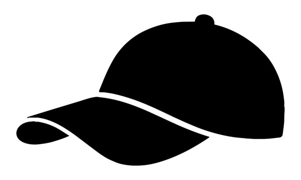 Minimalist black silhouette icon of a side-profile baseball cap with a rounded crown and curved brim, isolated on white. Graphic design element