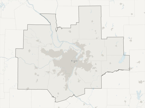 St. Louis metropolitan area vector map with county boundaries, urban footprint and hydrography, Missouri and Illinois, USA