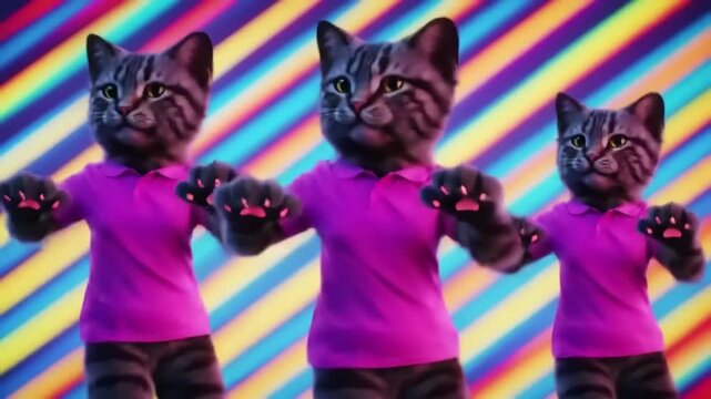 Three dancing cats in vibrant pink shirts against a colorful striped background, a fun and energetic animation.