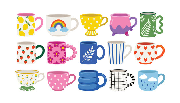 Cute cartoon ceramic mugs and teacups vector set featuring various colorful patterns lemons rainbows and hearts isolated on white background