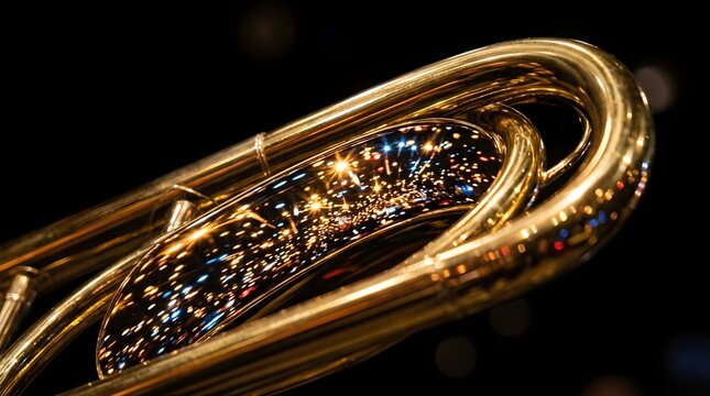 Close up of a golden brass trombone reflecting stage lights in the dark