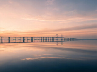 Fototapeta premium A long bridge spans calm water, with clear reflections under a soft sunrise sky, creating a serene landscape.
