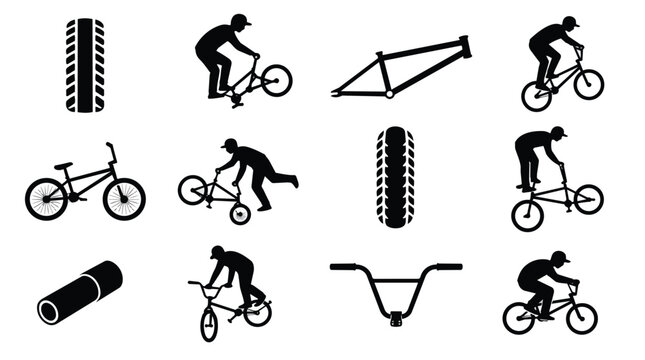 Dynamic black vector BMX bike riders and components icon set.