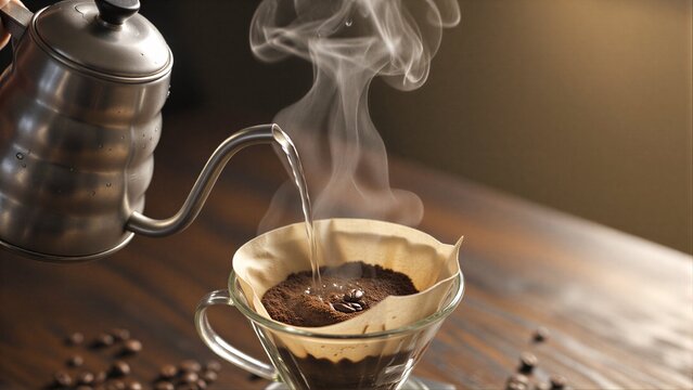 Steam rises as hot water pours over coffee grounds in a pour-over brew.