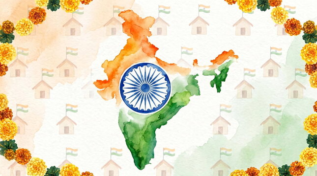 Watercolor India map with Ashok Chakra and flowers.
