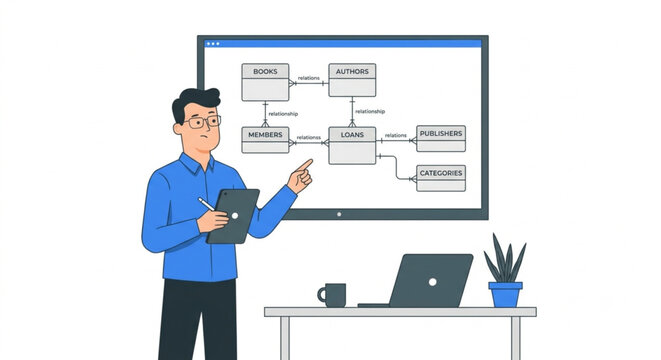 System Architect Presenting Library Management Flowchart Vector Illustration
