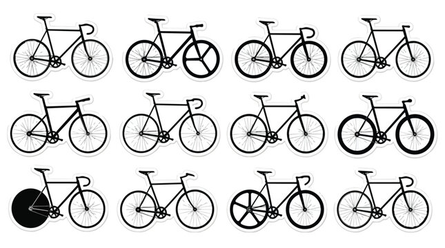 Fixed Gear Bicycle Icons Set. Black White Minimalist Bike Illustrations.