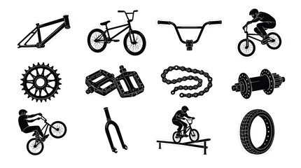 Naklejka premium BMX Freestyle Bicycle Parts and Rider Silhouette Vector Collection