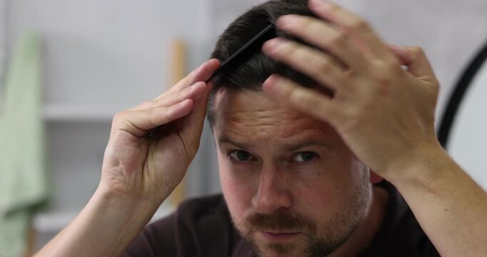 Dandruff problem. Man combing his hair in bathroom, camera moving forward