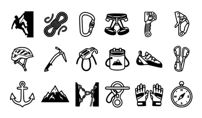 Rock climbing icon set with climber rope carabiner harness helmet ice axe chalk bag shoe mountain gloves and compass © Abdullahall