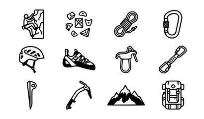Rock climbing icon collection with climber holds rope carabiner helmet shoe harness piton ice axe mountain and backpack © Abdullahall