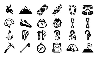 Rock climbing icon set with climber mountain rope knot carabiner harness helmet shoe chalk bag piton ice axe and tent © Abdullahall