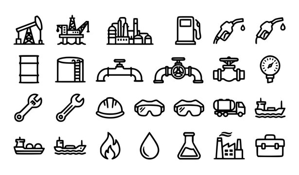 Oil and petrol industry icon set with pump jack rig refinery gas station barrel storage tank pipeline valve ship and factory