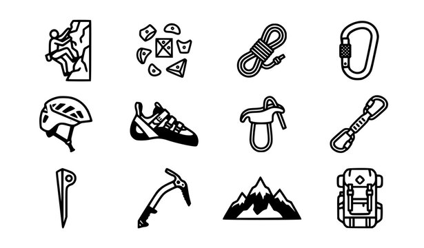 Rock climbing icon collection with climber holds rope carabiner helmet shoe harness piton ice axe mountain and backpack