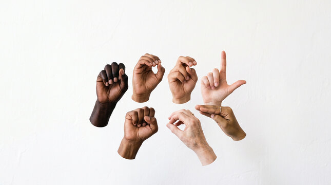 Diverse group of hands forming the word cool using American Sign Language.