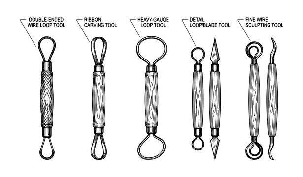 Technical line drawing vector of professional ceramic sculpting tools patent blueprint style