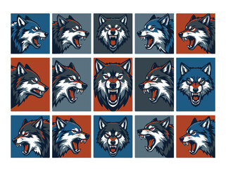 Fototapeta premium Aggressive Wolf Head Vector Illustration Set for Sports Teams Mascots or Fierce Wildlife Design
