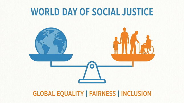 World Day of Social Justice infographic with balance scale.