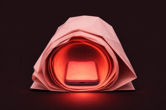 Smartphone in glowing geometric tunnel with pink low poly 3D render