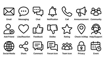 Fototapeta premium A grid of minimalist line icons representing various communication and social media functions.