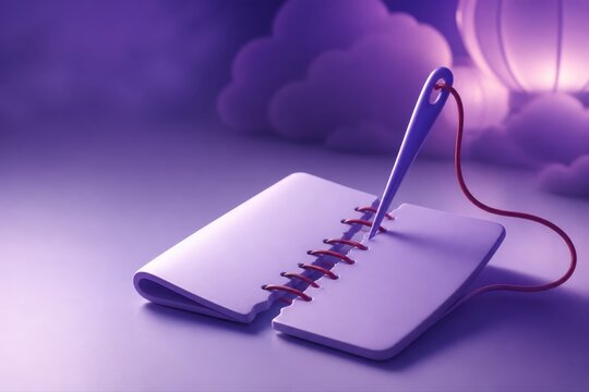 Purple 3D notebook with needle and thread stitching creative repair concept