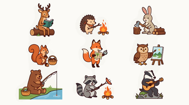 Cute Woodland Animals Vector Icon Set with Deer Reading, Hedgehog Campfire, Rabbit Chopping Wood, Squirrel with Acorns, Fox with Map, Owl Painting, Bear Fishing, Raccoon Roasting Sausage, and Badger