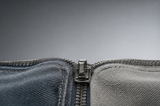Zipper closeup on denim and gray fabric seam