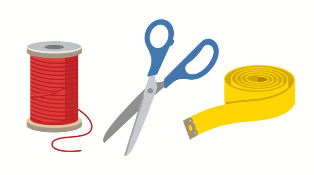 A collection of essential sewing tools including a red thread spool, blue scissors, and a yellow measuring tape on a white background.