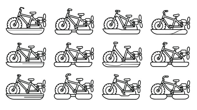 Simple black line art water bicycle icons with propeller