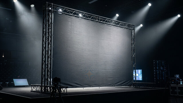 Empty stage with large black backdrop and spotlights ready for presentation or performance mockup