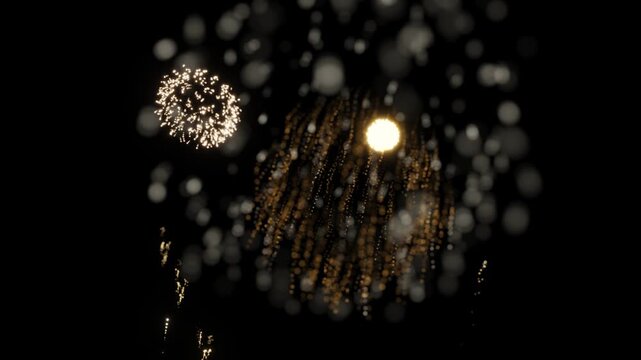 A dynamic display of colorful fireworks exploding into starburst patterns and symmetrical light effects in a darkened sky. 3D Render