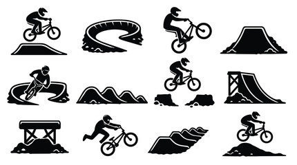 Fototapeta premium BMX dirt biking riders and jump ramps silhouette set