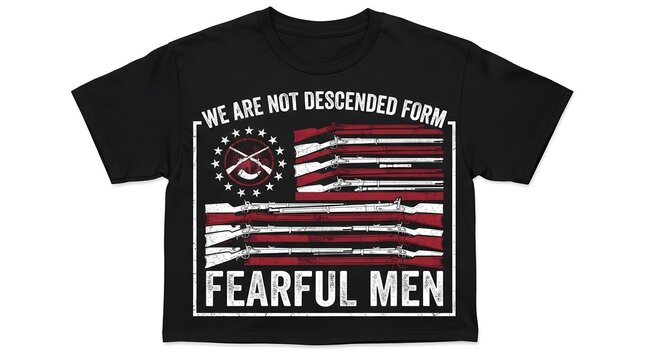 Black t shirt featuring a distressed american flag graphic with the text we are not descended from fearful men