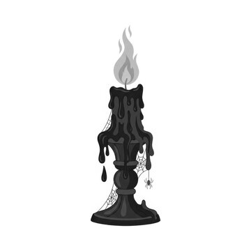 Melting black candle with spiderwebs and a spider during Halloween isolated on transparent background