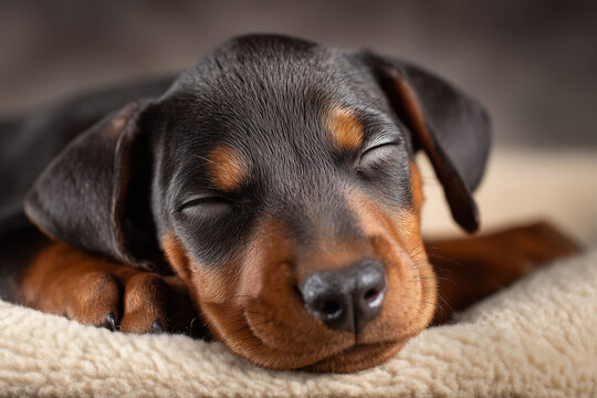 ソファの上で気持ちよさそうに眠るドーベルマンの子犬