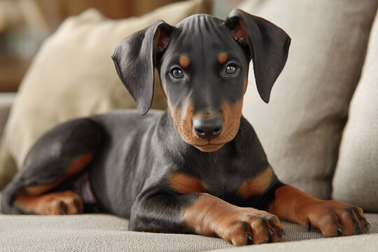 ソファでのんびりくつろぐドーベルマンの子犬