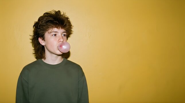 Young boy with retro hairstyle blowing a bubble gum against yellow wall