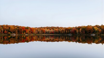 Colorful autumn forest reflecting on a calm lake surface at sunrise © Limbo