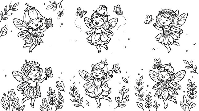Cute kawaii forest flower fairies coloring page vector set with smiling happy little pixie girls and butterfly characters