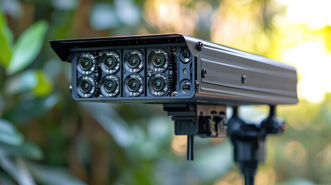 Advanced surveillance camera with multiple lenses and infrared LEDs for night vision, mounted outdoors with blurred green foliage background.